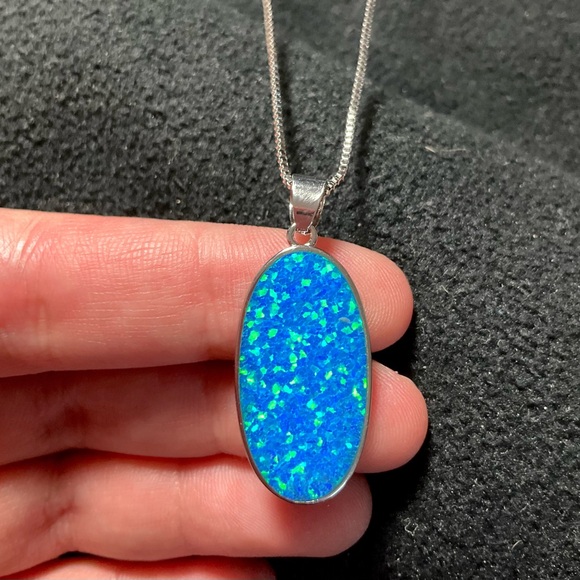 Blue Fire Opal Doublet Pendant Necklace Stainless Steel Chain Large Opal Pendant - Picture 2 of 6